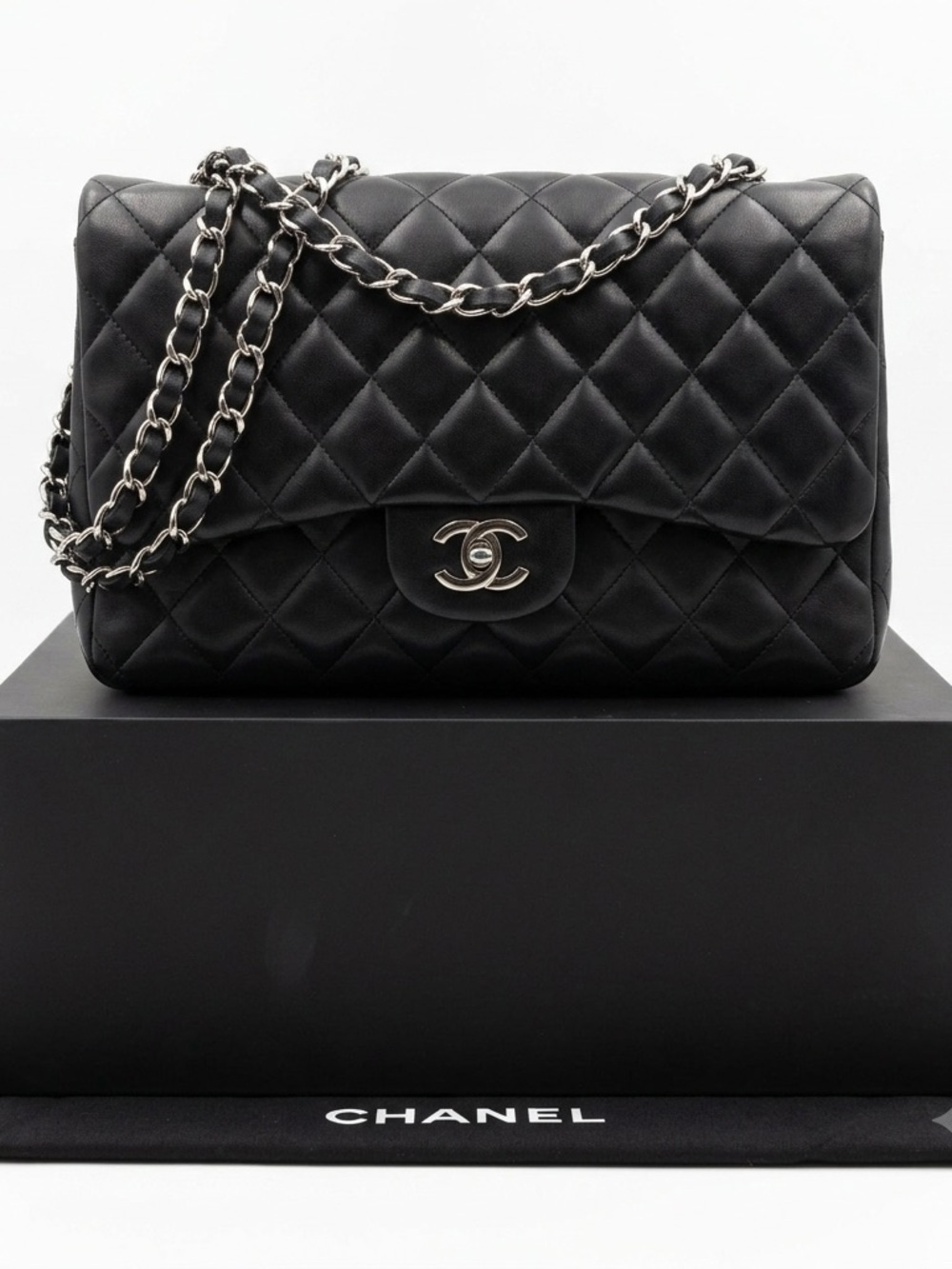 Chanel Black Jumbo Flap Lambskin Leather Silver Hardware Bag Full Set New in Box